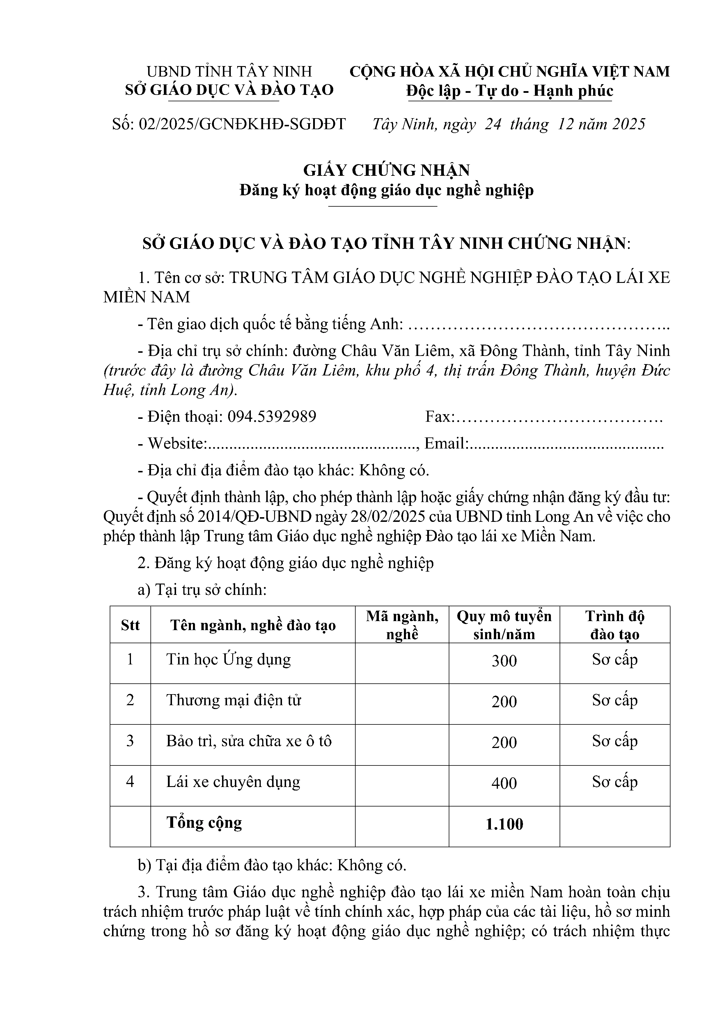 Giấy Chứng nhận Đăng ký hoạt động giáo dục nghề nghiệp Trung tâm